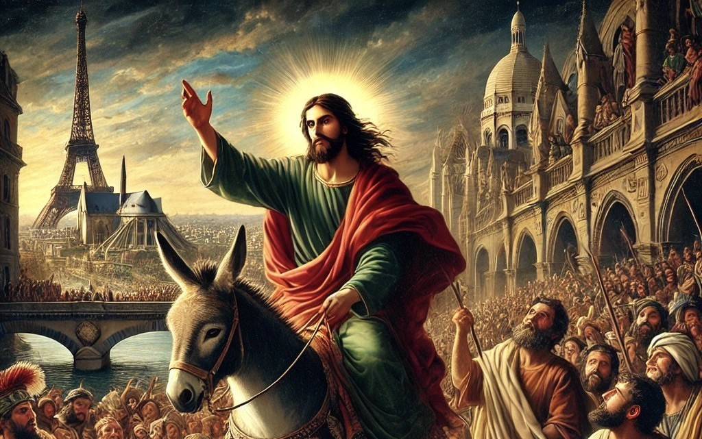 Infinite DALL·E 2024 07 30 10.06.22 A detailed and vibrant painting in the style of the old masters depicting Christs triumphal entry into Paris. Christ is riding on a donkey surrounde 2